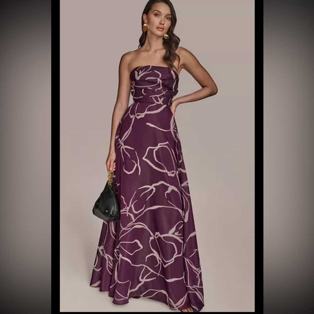 Donna Karan Strapless Purple Floral Maxi Dress